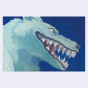 Painting of a white wolf with a very large toothy grin against a dark night sky. 