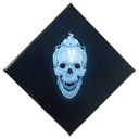 Dark blue, almost black, canvas with a painting of a skull with Whisper from Yokai Watch positioned cutely on top of the skull.