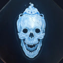 Dark blue, almost black, canvas with a painting of a skull with Whisper from Yokai Watch positioned cutely on top of the skull. Close up to show detail.