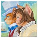 Painting of 2 cats, seen in profile view both facing to the left. One is dressed very dapper and the other has brown long hair and wears a yellow frilly dress. 