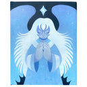 Blue monochromatic painting on canvas of a girl with a peaceful, closed eye expression, wind blown white hair and a robe. She has animal hands, which are placed together in prayer, large wings and a crystal atop her head.