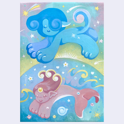 Pastel colored painting on canvas of a blue dog creature with a curled tail, jumping over a matching pink creature with a mermaid tail. 