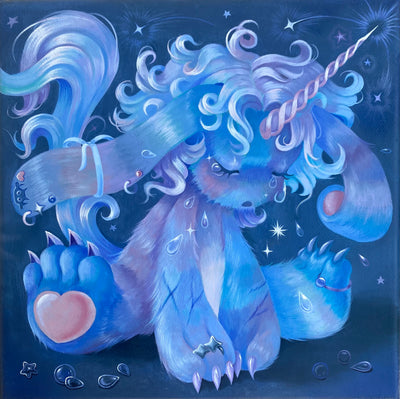 Painting with a palette of mainly blues, purples and some pink. A fluffy rabbit like creature sits on the ground, with curly hair and a unicorn horn. It cries and has some scars on its body.