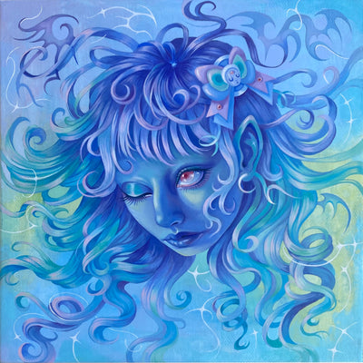Painting using a palette of blues, purples and light green. A girl's head floats, with wild wavy hair all around her as she has only one eye open. A bow with a small character on it is on the side of her head.