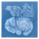 Blue monochromatic painting on canvas of a kitten, curled up into itself and sleeping on the ground. It has a pair of feathery angel wings and a few small sparkles surround it. 