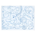 Blue line art design with a cartoon character, sword, and various shapes on a white background