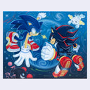 A rectangle painting featuring Sonic the Hedgehog and Shadow in a dynamic battle position, with Sonic ready to run and Shadow ready to punch, against a swirling blue cosmic background with small floating characters.