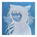 Blue monochromatic painting of a girl with a sad, cat style face with large slightly drooped eyes and a small cat mouth. She has long light blue hair, bangs and cat ears and a pair of angel wings.