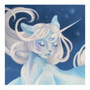 Blue, white and purple painting of a unicorn with a feminine human like face, with downcast eyes, a flat nose and closed mouth. It has long white hair that curls around its face. Background is dark blue.