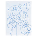 Outline drawing of a cat character, seen from the side profile wearing a space helmet with a robe and angel wings.