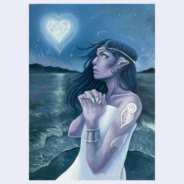 Blue monochromatic painting of an elven-like character in a stance with clasped hands, looking up at a heart shaped moon in a night time ocean landscape.