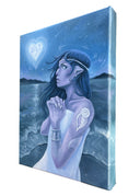 Blue monochromatic painting of an elven-like character in a stance with clasped hands, looking up at a heart shaped moon in a night time ocean landscape.