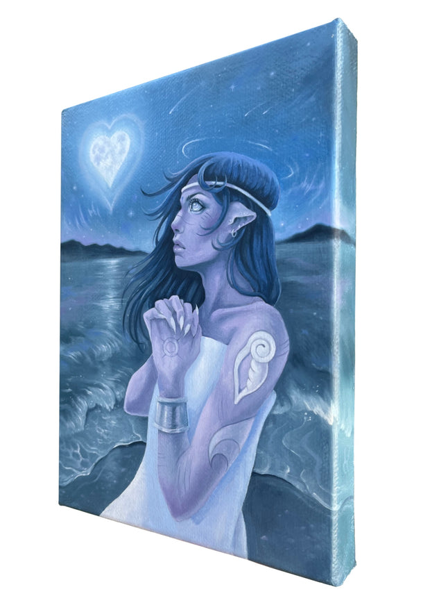 Blue monochromatic painting of an elven-like character in a stance with clasped hands, looking up at a heart shaped moon in a night time ocean landscape.