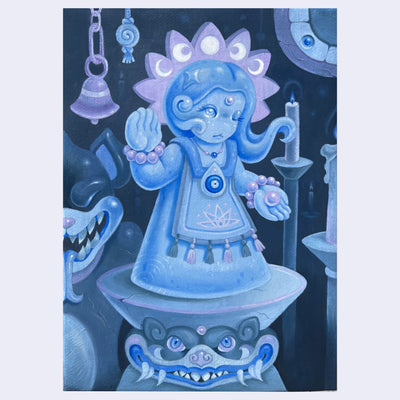 Blue and purple painting of a small idol like statue of a girl on a platform, she wears a dress and has a floral crown behind her head and has one hand raised, the other holding a pearl like bead.