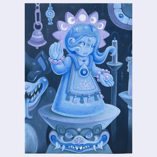 Blue and purple painting of a small idol like statue of a girl on a platform, she wears a dress and has a floral crown behind her head and has one hand raised, the other holding a pearl like bead.
