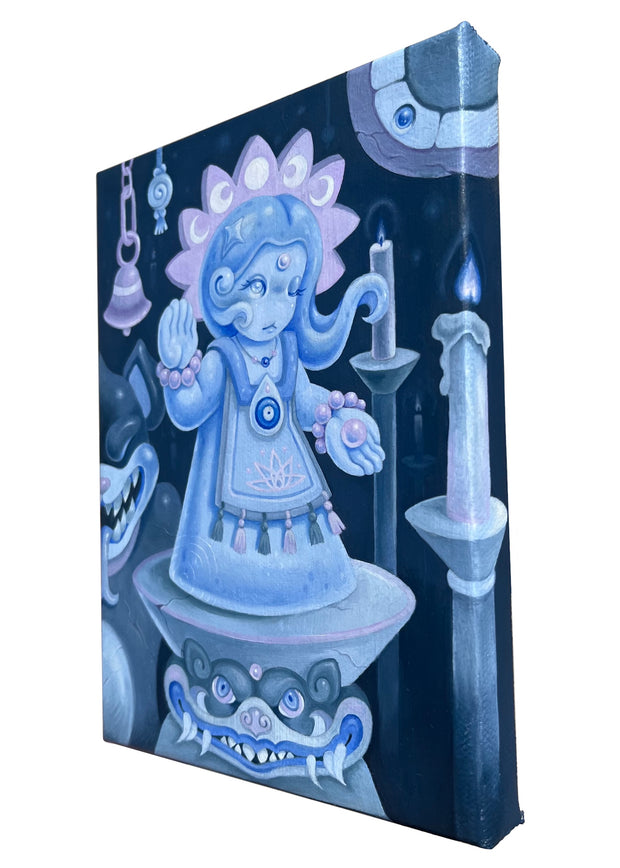 Blue and purple painting of a small idol like statue of a girl on a platform, she wears a dress and has a floral crown behind her head and has one hand raised, the other holding a pearl like bead.