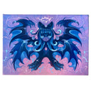 Painting on canvas in mostly blue, purple and pink of small girl/bat creature with 4 wings, clawed feet and a spiked halo overhead.