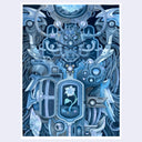 Artistic depiction of a mechanical or fantasy character with intricate designs on a blue background
