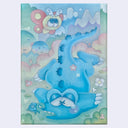Pastel colored painting of a blue cartoon style kaiju laying on its face with a tiny turtle biting its cheek.