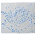 Blue line drawing of a child with an animal body laying in grass, while wolves look down at it.