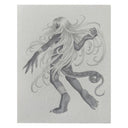 Graphite illustration on gray paper of a monster girl with a thick tail and long white hair.