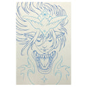 Blue line art illustration on cream colored paper of a person with animal ears, their face in the middle of a bird and an animal's open mouth. 