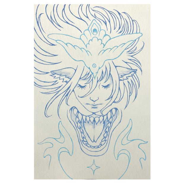 Blue line art illustration on cream colored paper of a person with animal ears, their face in the middle of a bird and an animal's open mouth. 