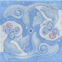 Painting mostly in blues of 2 small mermaid creatures, with fish tails and fins. They have long white hair and seashells behind their ears.