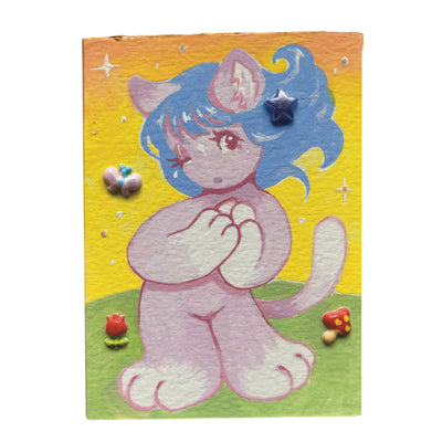 Painting of a blue humanoid cat with blue hair, standing on their hind legs with their front paws together. Puffy stickers decorate the piece.