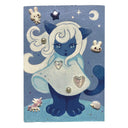 Blue and white painting of a small cat girl, wearing a flowy blue dress and standing on her hind legs with her arms behind her back. Puffy 3D stickers decorate the piece. 