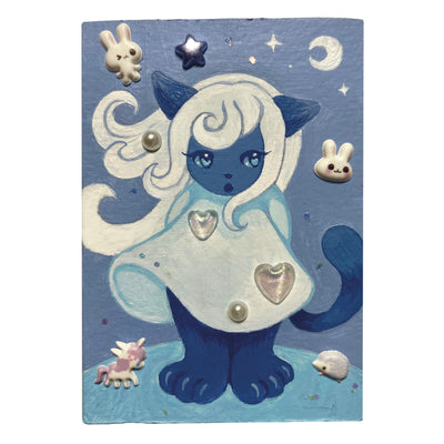 Blue and white painting of a small cat girl, wearing a flowy blue dress and standing on her hind legs with her arms behind her back. Puffy 3D stickers decorate the piece. 
