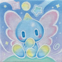 A colorful pastel painting of a cute blue creature with pink wings, holding a glowing yellow orb, set against a dreamy blue and purple background with stars and moons.