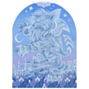Painting on arch shaped canvas in mostly blues and purple of a wolf creature with a woman's face coming out of its neck. It stands over a city.