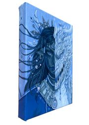 Canvas painting of a dragon and woman's face design on a blue background
