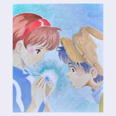 Illustration of two characters interacting with a blue glowing necklace against a light blue background