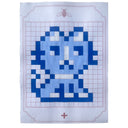 Cross-stitch style painting on gridded notebook paper of a cat design in blue and white paint.