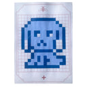Cross-stitch style painting on gridded notebook paper of a dog design in blue and white paint.