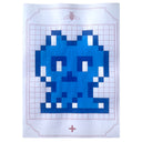 Cross-stitch style painting on gridded notebook paper of a cat design in blue and white paint.
