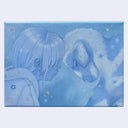 Blue monochromatic painting of a child leaning her forehead against a sheep, who does the same.