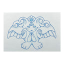 Blue line art illustration of a guardian like creature, with wings and 2 sets of hands. One of them is closed in prayer and the other is open with small beads in each.