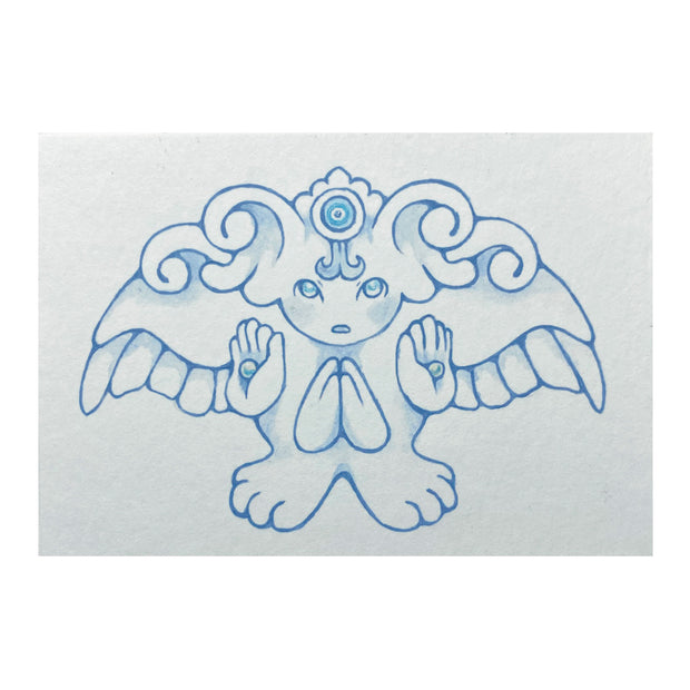 Blue line art illustration of a guardian like creature, with wings and 2 sets of hands. One of them is closed in prayer and the other is open with small beads in each.
