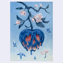 Painting of an apple hanging from a single branch, with blue ooze all over the apple - creating a loose skull like shape on the apple. Pink blossoms bloom and fall from the branch and small blue butterflies flutter by.