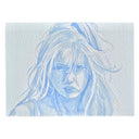 Blue ink drawing of a person with long hair on textured paper