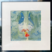 Illustration of a small girl in a red jumper looking into the forest with a hiding, large blue Totoro. Framed.