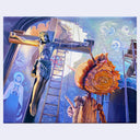 Oil painting of a stylized screenshot from Guillermo Del Toro's Pinnochio - of a wooden Pinnochi looking up at a crucifixion being hung up in a church.