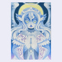 A stylized fantasy illustration of a blue angel-like character with large yellow eyes, a pale face, flowing white hair, and ornate blue and lavender details, centered on a light gray background.