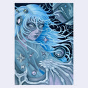 Illustration of a girl with long blue hair and a bony bat-like wing wrapping around her. Behind her is a floating mechanical sphere object. Little charms are atop of her.