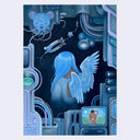 Illustration of a girl seen from afar, she is turned around with blue wings and long blue hair. She is framed by wiring and various computer and mechanical elements.