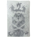 Graphite illustration on gray paper of a person with a demon like body, with horns and wings coming out of them.