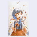 Watercolor sketch of a woman with blue braided hair and an orange dress, looking to the side with a cat on her shoulders.